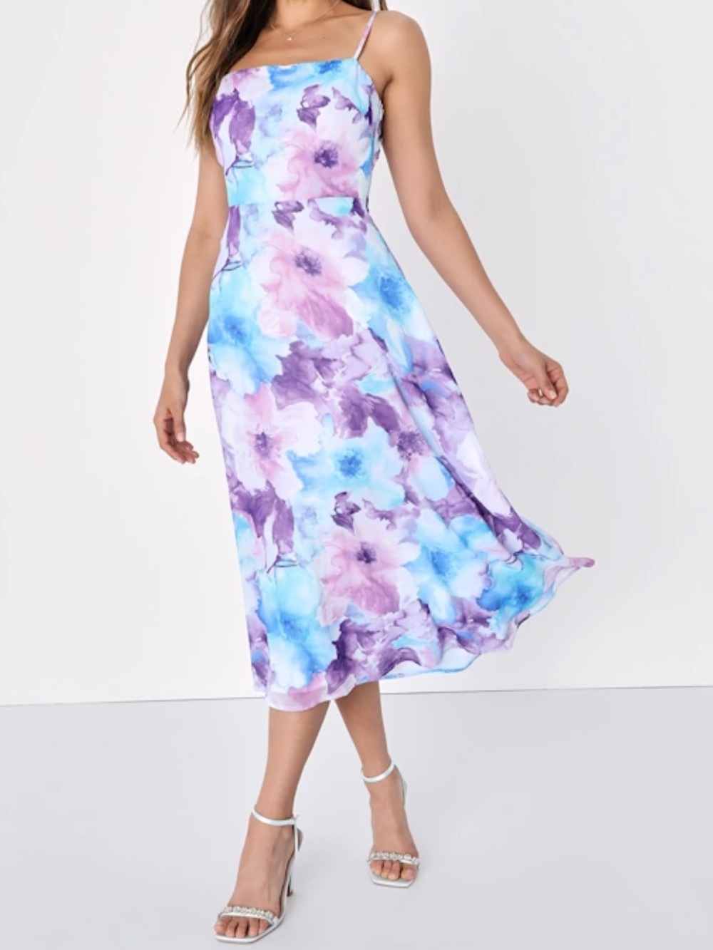 Lulus Radiant Feelings Blue And Purple Floral Chiffon Midi Dress - Size M